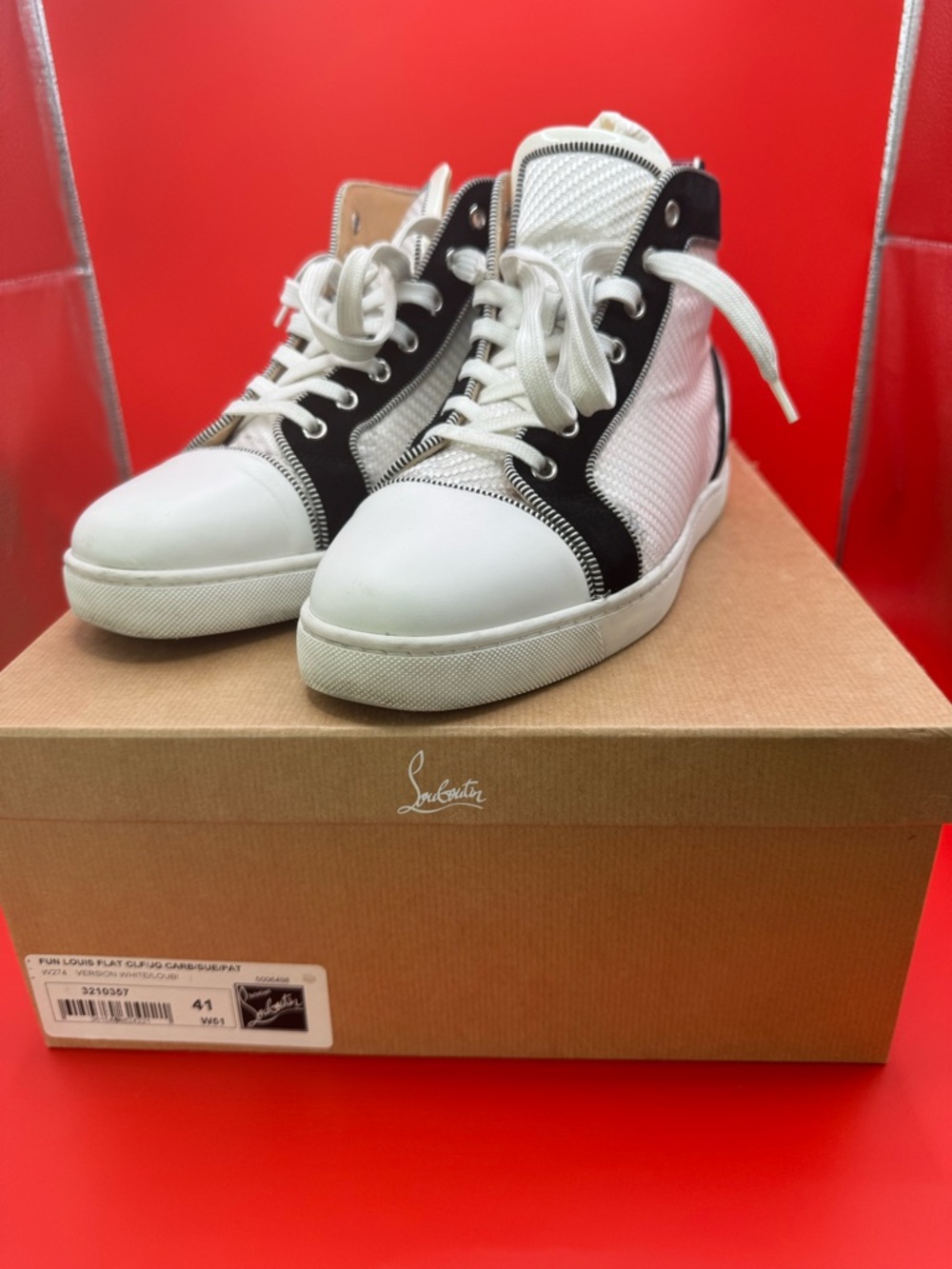 Christian Louboutin Fun Louis Flat High Top Sneaker White Woven Jacquard W Box - Picture 4 of 10